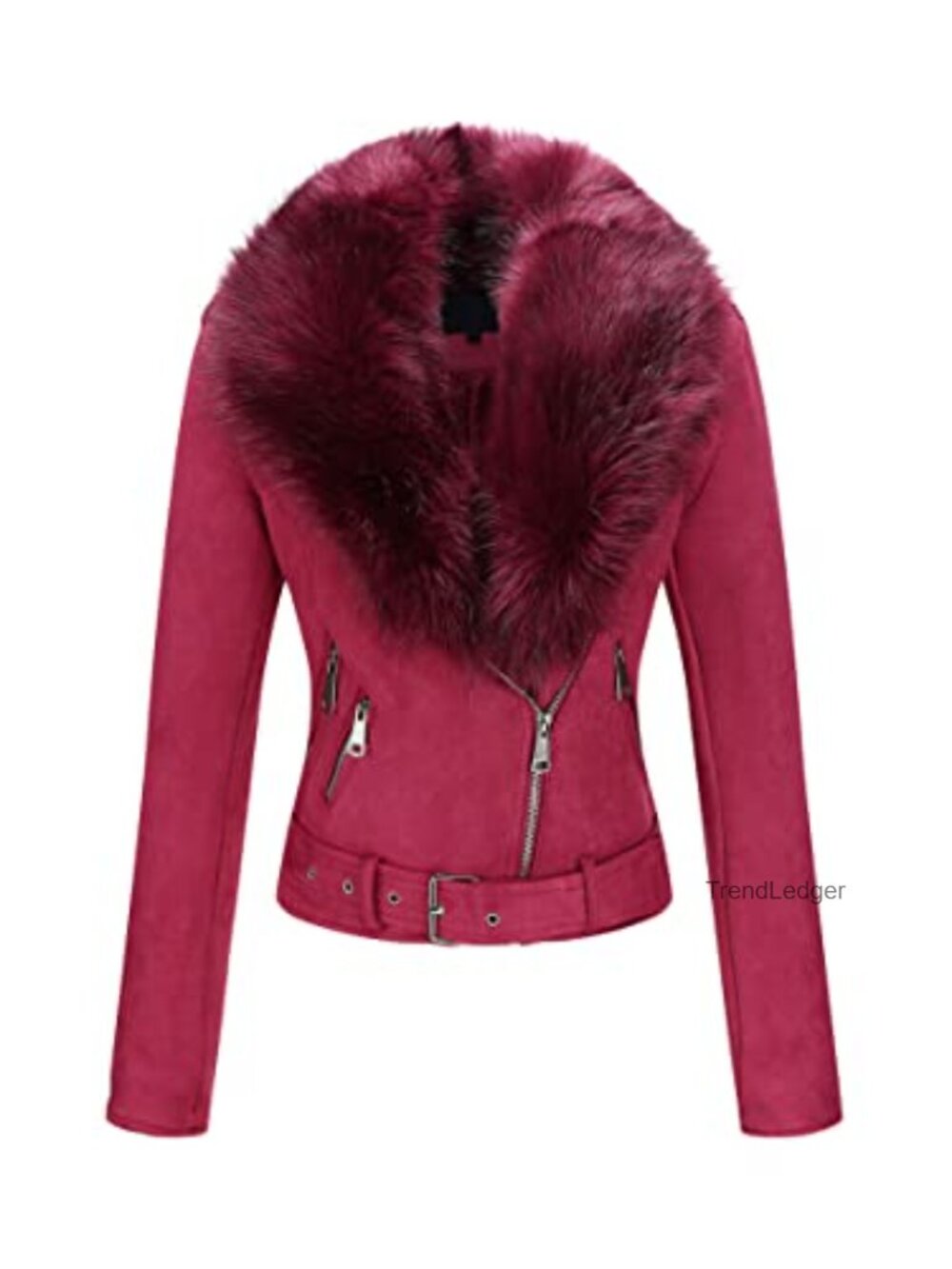 Women Faux Suede Moto Biker Jacket Sherpa-Lined Faux Fur Collar Removable Belt